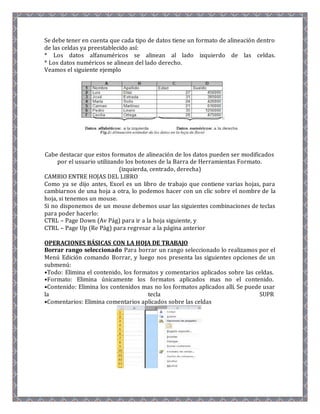 Se debe tener en cuenta que cada tipo de datos tiene un formato de alineación dentro 
de las celdas ya preestablecido así: 
* Los datos alfanuméricos se alinean al lado izquierdo de las celdas. 
* Los datos numéricos se alinean del lado derecho. 
Veamos el siguiente ejemplo 
Cabe destacar que estos formatos de alineación de los datos pueden ser modificados 
por el usuario utilizando los botones de la Barra de Herramientas Formato. 
(izquierda, centrado, derecha) 
CAMBIO ENTRE HOJAS DEL LIBRO 
Como ya se dijo antes, Excel es un libro de trabajo que contiene varias hojas, para 
cambiarnos de una hoja a otra, lo podemos hacer con un clic sobre el nombre de la 
hoja, si tenemos un mouse. 
Si no disponemos de un mouse debemos usar las siguientes combinaciones de teclas 
para poder hacerlo: 
CTRL – Page Down (Av Pág) para ir a la hoja siguiente, y 
CTRL – Page Up (Re Pág) para regresar a la página anterior 
OPERACIONES BÁSICAS CON LA HOJA DE TRABAJO 
Borrar rango seleccionado Para borrar un rango seleccionado lo realizamos por el 
Menú Edición comando Borrar, y luego nos presenta las siguientes opciones de un 
submenú: 
•Todo: Elimina el contenido, los formatos y comentarios aplicados sobre las celdas. 
•Formato: Elimina únicamente los formatos aplicados mas no el contenido. 
•Contenido: Elimina los contenidos mas no los formatos aplicados allí. Se puede usar 
la tecla SUPR 
•Comentarios: Elimina comentarios aplicados sobre las celdas 
 