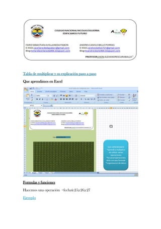 Tabla de multiplicar y su explicación paso a paso
Que aprendimos en Excel

Formulas y funciones
Hacemos una operación =fecha(c25;c26;c27
Ejemplo

 