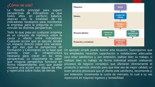 ¿Cómo se usa?
La filosofía principal para sugerir
perspectivas de indicadores es que
todos ellos, en perfecto balance,
abarcan casi la totalidad de los
indicadores necesarios para monitorear
la empresa, pero la pregunta es como
vincular las distintas perspectivas.
Todo lo que pasa en cualquier empresa
es un conjunto de hipótesis sobre la
causa y efecto entre indicadores.
Cualquier acción que se ejecute, tendrá
un impacto directo sobre otra variable,
es por eso que la perspectiva de
Formación y Crecimiento es la base que
permite crear la infraestructura
necesaria para crecer en las otras
perspectivas. Lo importante es saber
que ninguna perspectiva funciona en
forma independiente, sino que puede
iniciarse una acción con alguna de ellas
y repercutirá sobre todas las demás.
Un ejemplo simple puede ilustrar esta situación: Supongamos que
los empleados necesitan capacitación e instalaciones adecuadas
para estar satisfechos y, por extensión, realizar bien su trabajo; si
realizan bien su trabajo de forma individual estarán realizando
procesos de negocio complejos que afectarán directamente el
producto o servicio ofrecido para que éste sea de mejor calidad; un
buen servicio provocará que el cliente esté satisfecho, recomiende y,
por extensión, incremente la cuota de mercado, lo cual a su vez
repercutirá en mayores ingresos y rentabilidad.
 