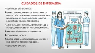 CUIDADOS DE ENFERMERIA
CONTROL DE SIGNOS VITALES
ORIENTAR CORRECTAMENTE LA TÉCNICA PARA LA
RECOLECCIÓN DE MUESTRAS DE ORINA.- EXPLICAR LA
IMPORTANCIA DEL CUMPLIMIENTO DE LA DIETA E
INGESTIÓN DE ABUNDANTES LÍQUIDOS.
ADMINISTRACIÓN DE MEDICAMENTOS CON LOS 6
PASOS CORRECTOS SEGÚN PRESCRIPCIÓN MÉDICA.
MANTENER VÍA HEPARINIZADO PERMEABLE.
CONFORT DEL PACIENTE.
EDUCAR SOBRE LA HIGIENE PERSONAL, LIMPIEZA Y
USO DE ROPA INTERIOR DE ALGODÓN.
COMUNICAR CAMBIOS.
 