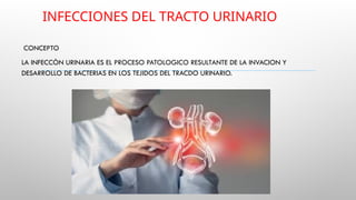 INFECCIONES DEL TRACTO URINARIO
CONCEPTO
LA INFECCÒN URINARIA ES EL PROCESO PATOLOGICO RESULTANTE DE LA INVACION Y
DESARROLLO DE BACTERIAS EN LOS TEJIDOS DEL TRACDO URINARIO.
 