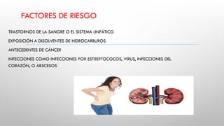 FACTORES DE RIESGO
TRASTORNOS DE LA SANGRE O EL SISTEMA LINFÁTICO
EXPOSICIÓN A DISOLVENTES DE HIDROCARBUROS
ANTECEDENTES DE CÁNCER
INFECCIONES COMO INFECCIONES POR ESTREPTOCOCOS, VIRUS, INFECCIONES DEL
CORAZÓN, O ABSCESOS
 