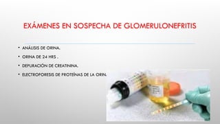 EXÁMENES EN SOSPECHA DE GLOMERULONEFRITIS
• ANÁLISIS DE ORINA.
• ORINA DE 24 HRS .
• DEPURACIÓN DE CREATININA.
• ELECTROFORESIS DE PROTEÍNAS DE LA ORINA Y SUERO.
 