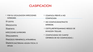 CLASIFICACION
• POR SU LOCALIZACION INFECCIONES
INFERIORES
 CISTITIS
PROSTATITIS
URETRITIS
INFECCIONES SUPERIORES
PIELONEFRITIS
ABCESOS PERINEFRICO, INTRARRENAL
NEFRITIS BACTERIANA AGUDA FOCAL O
DIFUSA
• COMPLICA FRENTE A NO
COMPLICADA
• NO COMPLICADAS(TRACTO
INFERIOR)
o CISTITI,URETRITIS(MINIMO RIESGO DE
INVACION TISULAR)
• COMPLICADAS( NO CUMPLE
CRITERIOS DE NO COMPLICADAS )
 