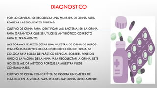 DIAGNOSTICO
POR LO GENERAL, SE RECOLECTA UNA MUESTRA DE ORINA PARA
REALIZAR LAS SIGUIENTES PRUEBAS:
CULTIVO DE ORINA PARA IDENTIFICAR LAS BACTERIAS EN LA ORINA,
PARA GARANTIZAR QUE SE UTILICE EL ANTIBIÓTICO CORRECTO
PARA EL TRATAMIENTO.
LAS FORMAS DE RECOLECTAR UNA MUESTRA DE ORINA DE NIÑOS
PEQUEÑOS INCLUYEN: BOLSA DE RECOLECCIÓN DE ORINA: SE
COLOCA UNA BOLSA DE PLÁSTICO ESPECIAL SOBRE EL PENE DEL
NIÑO O LA VAGINA DE LA NIÑA PARA RECOLECTAR LA ORINA. ESTE
NO ES EL MEJOR MÉTODO PORQUE LA MUESTRA PUEDE
CONTAMINARSE.
CULTIVO DE ORINA CON CATÉTER: SE INSERTA UN CATÉTER DE
PLÁSTICO EN LA VEJIGA PARA RECOLECTAR ORINA DIRECTAMENTE.
 