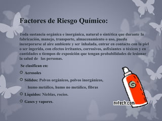 Factores de Riesgo Químico:
Toda sustancia orgánica e inorgánica, natural o sintética que durante la
fabricación, manejo, transporte, almacenamiento o uso, pueda
incorporarse al aire ambiente y ser inhalada, entrar en contacto con la piel
o ser ingerida, con efectos irritantes, corrosivos, asfixiantes o tóxicos y en
cantidades o tiempos de exposición que tengan probabilidades de lesionar
la salud de las personas.
Se clasifican en:
 Aerosoles
 Sólidos: Polvos orgánicos, polvos inorgánicos,
humo metálico, humo no metálico, fibras
 Líquidos: Nieblas, rocíos.
 Gases y vapores.

 