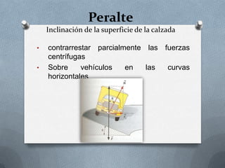 Peralte
    Inclinación de la superficie de la calzada

•   contrarrestar parcialmente las fuerzas
    centrífugas
•   Sobre     vehículos   en   las  curvas
    horizontales
 