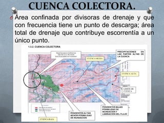 CUENCA COLECTORA.
O Área confinada por divisoras de drenaje y que
 con frecuencia tiene un punto de descarga; área
 total de drenaje que contribuye escorrentía a un
 único punto.
 