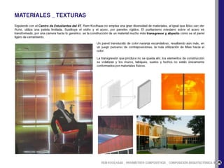 FRASES Y CITAS DE REM KOOLHAAS“Intento entender el contexto más amplio en el que suceden las cosas de forma que nuestras intervenciones encajen bien en este entorno. “- “La arquitectura ha sido siempre una profesión moralista y arrogante. Eso de que nosotros lo hacemos todo bien, pensando lo mejor para el mundo. Y siempre he considerado que era un aspecto muy desagradable de la profesión. “- “Me sorprenden las discrepancias en el mundo del periodismo sobre lo que realmente ocurre, porque hace a lo mejor cinco o diez años sí podía ser cierta esa visión de una arquitectura más conceptual, pero hoy en día esta distinción es totalmente irrelevante.”- “Al preservar un edificio muchas veces se cae en la falsificación. ¿Hasta qué punto alguien intenta reinterpretar una obra antigua y no da una imagen falsa de esa historia? ““Uno presenta un trabajo y te puede dar las gracias y decirte que es muy bueno, pero hay un 80% de posibilidades de que el trabajo acabe en la basura. Prefiero una relaciónlaboral mucho más directa con el cliente para generar espacios reales para necesidades reales.”