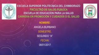 ESCUELA SUPERIOR POLITECNICA DEL CHIMBORAZO
FACULTAD DE SALUD PUBLICA
ESCUELA DE EDUCACION PARA LA SALUD
CARRERA EN PROMOCIÓN Y CUIDADOS D EL SALUD
NOMBRE:
ANGELA BURBANO
SEMESTRE.
SEGUNDO “A”
FECHA:
08/01/2017
 