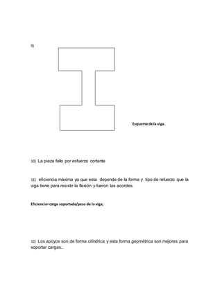 9)
Esquema de la viga.
10) La pieza fallo por esfuerzo cortante
11) eficiencia máxima ya que esta depende de la forma y tipo de refuerzo que la
viga tiene para resistir la flexión y fueron las acordes.
Eficiencia=carga soportada/peso de la viga;
12) Los apoyos son de forma cilíndrica y esta forma geométrica son mejores para
soportar cargas..
 