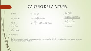 CALCULO DE LA ALTURA
DATOS: Vf = Vo+g.t y=
(Vf+Vo).t
2
Vf: 12,49 m/s Vf= 0+
9,8m
s2 . 1,275 s y=
(12,49 m
s +0m)
s .1,275 s
2
Vo: 0 Vf=
9,8m
s2 . 1, 275 s = 12,49 m/s y=
12,49 m
s .1,275 s
2
T: 1, 275 s y= 7,96 m
G: 9,8 m/s2
Y: 7,96 m
R// la velocidad con la que cayeron las monedas fue 12,49 m/s y la altura de la que cayeron
las monedas fue de 7,96 m.
 