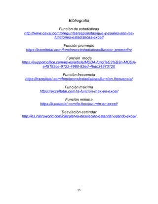 15
Bibliografía
Función de estadísticas
http://www.cavsi.com/preguntasrespuestas/que-y-cuales-son-las-
funciones-estadisticas-excel/
Función promedio
https://exceltotal.com/funciones/estadisticas/funcion-promedio/
Función moda
https://support.office.com/es-es/article/MODA-funci%C3%B3n-MODA-
e45192ce-9122-4980-82ed-4bdc34973120
Función frecuencia
https://exceltotal.com/funciones/estadisticas/funcion-frecuencia/
Función máxima
https://exceltotal.com/la-funcion-max-en-excel/
Función mínima
https://exceltotal.com/la-funcion-min-en-excel/
Desviación estándar
http://es.calcuworld.com/calcular-la-desviacion-estandar-usando-excel/
 