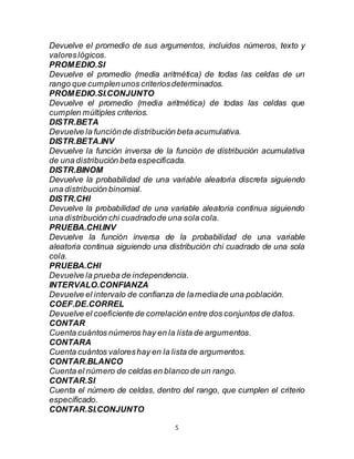 5
Devuelve el promedio de sus argumentos, incluidos números, texto y
valoreslógicos.
PROMEDIO.SI
Devuelve el promedio (media aritmética) de todas las celdas de un
rango que cumplenunos criteriosdeterminados.
PROMEDIO.SI.CONJUNTO
Devuelve el promedio (media aritmética) de todas las celdas que
cumplen múltiples criterios.
DISTR.BETA
Devuelve la funciónde distribución beta acumulativa.
DISTR.BETA.INV
Devuelve la función inversa de la función de distribución acumulativa
de una distribución beta especificada.
DISTR.BINOM
Devuelve la probabilidad de una variable aleatoria discreta siguiendo
una distribución binomial.
DISTR.CHI
Devuelve la probabilidad de una variable aleatoria continua siguiendo
una distribución chi cuadradode una sola cola.
PRUEBA.CHI.INV
Devuelve la función inversa de la probabilidad de una variable
aleatoria continua siguiendo una distribución chi cuadrado de una sola
cola.
PRUEBA.CHI
Devuelve la prueba de independencia.
INTERVALO.CONFIANZA
Devuelve el intervalo de confianza de lamediade una población.
COEF.DE.CORREL
Devuelve el coeficiente de correlación entre dos conjuntos de datos.
CONTAR
Cuenta cuántos números hay en la lista de argumentos.
CONTARA
Cuenta cuántos valoreshay en la lista de argumentos.
CONTAR.BLANCO
Cuenta el número de celdas en blanco de un rango.
CONTAR.SI
Cuenta el número de celdas, dentro del rango, que cumplen el criterio
especificado.
CONTAR.SI.CONJUNTO
 