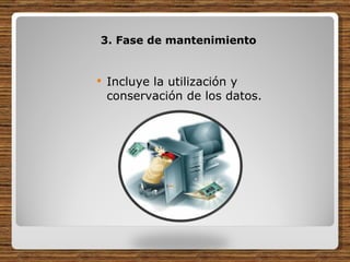 3. Fase de mantenimiento  Incluye la utilización y conservación de los datos.  