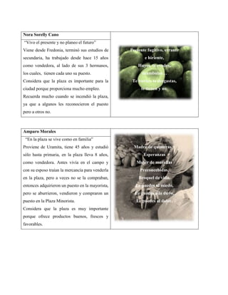 Nora Sorelly Cano
“Vivo el presente y no planeo el futuro”
Viene desde Fredonia, terminó sus estudios de     Presente fugitivo, errante
secundaria, ha trabajado desde hace 15 años              e hiriente,
como vendedora, al lado de sus 3 hermanos,            Huyes, te evades,
los cuales, tienen cada uno su puesto.                  deambulas…
Considera que la plaza es importante para la       Te burlas, te desgastas,
ciudad porque proporciona mucho empleo.                te tienen y no.
Recuerda mucho cuando se incendió la plaza,
ya que a algunos les reconocieron el puesto
pero a otros no.



Amparo Morales
 “En la plaza se vive como en familia”
Proviene de Uramita, tiene 45 años y estudió        Madre de quimeras y
sólo hasta primaria, en la plaza lleva 8 años,           Esperanzas
como vendedora. Antes vivía en el campo y            Mujer de murallas
con su esposo traían la mercancía para venderla        Preconcebidas,
en la plaza, pero a veces no se la compraban,         Broquel de vida,
entonces adquirieron un puesto en la mayorista,     Le puedes al miedo,
pero se aburrieron, vendieron y compraron un        Le puedes a la duda,
puesto en la Plaza Minorista.                        Le puedes al dolor.
Considera que la plaza es muy importante
porque ofrece productos buenos, frescos y
favorables.
 