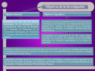 Objetivos de la Investigación

 Objetivo General                                  Objetivos Específicos


Determinar el Uso de las Nuevas                  Determinar el nivel de conocimiento sobre el Uso de las Nuevas
Tecnologías de la información y la               Tecnologías de la Información y la Comunicación Social, de los
Comunicación, TICs, por los docentes             docentes del I Semestre de Educación de la Universidad
                                                 Bolivariana de Venezuela en Yaritagua Municipio Peña del
del I Semestre de Educación de la                Estado Yaracuy.
Universidad Bolivariana de Venezuela
en Yaritagua Municipio Peña del Estado
                                                 Conceptualizar las aplicaciones de las TICs como recurso
Yaracuy.                                         innovador en el proceso de enseñanza en la Universidad
                                                 Bolivariana de Venezuela especialmente en la carrera de
                                                 Educación.


Determinar el grado de motivación institucional para el uso de las TICs en el proceso de enseñanza-aprendizaje para
los programas de formación del I Semestre de Educación en la Universidad Bolivariana de Venezuela en Yaritagua
Municipio Peña del Estado Yaracuy.


Diagnosticar el estado actual de la Infraestructura: Física, tecnológica y recurso humano capacitado en el
uso de las TICs para el proceso de enseñanza aprendizaje existente en la Universidad Bolivariana de
Venezuela en Yaritagua Municipio Peña del Estado Yaracuy.
 