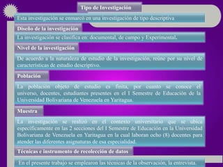 Tipo de Investigación
Esta investigación se enmarcó en una investigación de tipo descriptiva
Diseño de la investigación
La investigación se clasifica en: documental, de campo y Experimental.
Nivel de la investigación
De acuerdo a la naturaleza de estudio de la investigación, reúne por su nivel de
características de estudio descriptivo.
Población
La población objeto de estudio es finita, por cuanto se conoce el
universo, docentes, estudiantes presentes en el I Semestre de Educación de la
Universidad Bolivariana de Venezuela en Yaritagua.

Muestra
La investigación se realizó en el contexto universitario que se ubica
específicamente en las 2 secciones del I Semestre de Educación en la Universidad
Bolivariana de Venezuela en Yaritagua en la cual laboran ocho (8) docentes para
atender las diferentes asignaturas de esa especialidad.
Técnicas e instrumento de recolección de datos

En el presente trabajo se emplearon las técnicas de la observación, la entrevista.
 