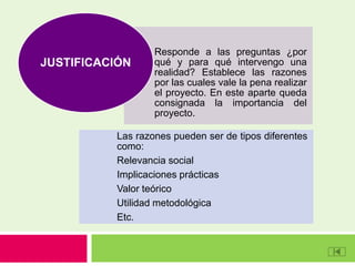Responde a las preguntas ¿por
qué y para qué intervengo una
realidad? Establece las razones
por las cuales vale la pena realizar
el proyecto. En este aparte queda
consignada la importancia del
proyecto.
Las razones pueden ser de tipos diferentes
como:
Relevancia social
Implicaciones prácticas
Valor teórico
Utilidad metodológica
Etc.
JUSTIFICACIÓN
 
