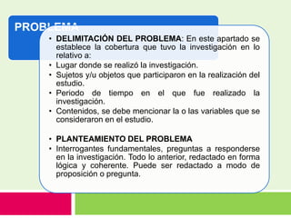PROBLEMA
• DELIMITACIÓN DEL PROBLEMA: En este apartado se
establece la cobertura que tuvo la investigación en lo
relativo a:
• Lugar donde se realizó la investigación.
• Sujetos y/u objetos que participaron en la realización del
estudio.
• Periodo de tiempo en el que fue realizado la
investigación.
• Contenidos, se debe mencionar la o las variables que se
consideraron en el estudio.
• PLANTEAMIENTO DEL PROBLEMA
• Interrogantes fundamentales, preguntas a responderse
en la investigación. Todo lo anterior, redactado en forma
lógica y coherente. Puede ser redactado a modo de
proposición o pregunta.
 