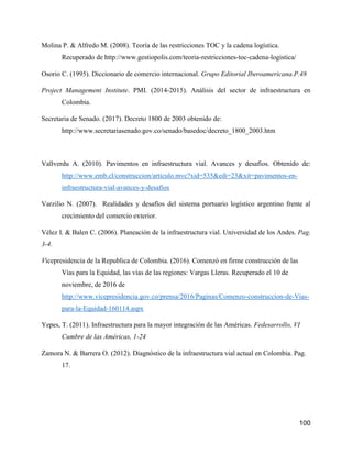 100
Molina P. & Alfredo M. (2008). Teoría de las restricciones TOC y la cadena logística.
Recuperado de http://www.gestiopolis.com/teoria-restricciones-toc-cadena-logistica/
Osorio C. (1995). Diccionario de comercio internacional. Grupo Editorial Iberoamericana.P.48
Project Management Institute. PMI. (2014-2015). Análisis del sector de infraestructura en
Colombia.
Secretaria de Senado. (2017). Decreto 1800 de 2003 obtenido de:
http://www.secretariasenado.gov.co/senado/basedoc/decreto_1800_2003.htm
Vallverdu A. (2010). Pavimentos en infraestructura vial. Avances y desafíos. Obtenido de:
http://www.emb.cl/construccion/articulo.mvc?xid=535&edi=23&xit=pavimentos-en-
infraestructura-vial-avances-y-desafios
Varzilio N. (2007). Realidades y desafíos del sistema portuario logístico argentino frente al
crecimiento del comercio exterior.
Vélez I. & Balen C. (2006). Planeación de la infraestructura vial. Universidad de los Andes. Pag.
3-4.
Vicepresidencia de la Republica de Colombia. (2016). Comenzó en firme construcción de las
Vías para la Equidad, las vías de las regiones: Vargas Lleras. Recuperado el 10 de
noviembre, de 2016 de
http://www.vicepresidencia.gov.co/prensa/2016/Paginas/Comenzo-construccion-de-Vias-
para-la-Equidad-160114.aspx
Yepes, T. (2011). Infraestructura para la mayor integración de las Américas. Fedesarrollo, VI
Cumbre de las Américas, 1-24
Zamora N. & Barrera O. (2012). Diagnóstico de la infraestructura vial actual en Colombia. Pag.
17.
 