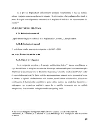 28
Es el proceso de planificar, implementar y controlar eficientemente el flujo de materias
primas, productos en curso, productos terminados y la información relacionada con ellos, desde el
punto de origen hasta el punto de consumo con el propósito de satisfacer los requerimientos del
cliente.16
0.5. DELIMITACIÓN DEL TEMA
0.5.1. Delimitación espacial
La presente investigación se realiza en la República de Colombia, América del Sur.
0.5.2. Delimitación temporal
El periodo de estudio para esta investigación es de 2007 a 2016.
0.6. DISEÑO METODOLÓGICO
0.6.1. Tipo de investigación
La investigación a realizar es de carácter analítico-descriptivo.17
Ya que a medida que se
vaya desarrollando se recopilará información teórica que será analizada y utilizada como base para
determinar la relación que tiene el desempeño logístico de Colombia con la infraestructura vial y
el comercio internacional. Se darán posibles recomendaciones para este sector en cuanto a lo que
se refiere a la logística e infraestructura vial. Además, se utilizará un enfoque mixto, es decir una
combinación de herramientas cuantitativas como datos, técnicas de estadística descriptiva e
indicadores con herramienta cualitativa como lo es revisión documental con un análisis
interpretativo. Los resultados serán presentados en figuras y tablas.
16 The Council of Logistics Management. RLEC. Reverse Logistics Executives' Council. P.8.
17 Hernández, R., Fernández, C. & Baptista, P. (2006). Metodología de la investigación. edit. McGraw-Hill
5ª edición.
 