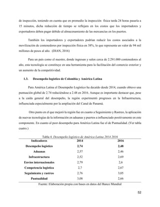 52
de inspección, teniendo en cuenta que en promedio la inspección física tarda 24 horas pasaría a
15 minutos, dicha reducción de tiempo se reflejara en los costos que los importadores y
exportadores deben pagar debido al almacenamiento de las mercancías en los puertos.
También los importadores y exportadores podrían reducir los costos asociados a la
movilización de contenedores por inspección física en 38%, lo que representa un valor de 94 mil
millones de pesos al año. (DIAN, 2016)
Para un país como el nuestro, donde ingresan y salen cerca de 2.291.000 contenedores al
año, esta tecnología se constituye en una herramienta para la facilitación del comercio exterior y
un aumento de la competitividad.
1.3. Desempeño logístico de Colombia y América Latina
Para América Latina el Desempeño Logístico ha decaído desde 2014, cuando obtuvo una
puntuación global de 2.74 reduciéndose a 2.48 en 2016. Aunque es importante destacar que, pese
a la caída general del desempeño, la región experimentó progresos en la Infraestructura,
influenciada especialmente por la ampliación del Canal de Panamá.
Otro punto en el que mejoró la región fue en cuanto a Seguimiento y Rastreo, la aplicación
de nuevas tecnologías de la información en aduanas y puertos a influenciado positivamente en este
componente. En cuanto al peor desempeño para América Latina fue el de Puntualidad. (Ver tabla
cuatro.)
Tabla 4. Desempeño logístico de América Latina 2014 2016
Indicadores 2014 2016
Desempeño logístico 2,74 2,48
Aduanas 2,57 2,46
Infraestructura 2,52 2,69
Envíos internacionales 2,79 2,6
Competencia logística 2,7 2,67
Seguimiento y rastreo 2,76 3,05
Puntualidad 3,08 2,66
Fuente: Elaboración propia con bases en datos del Banco Mundial
 