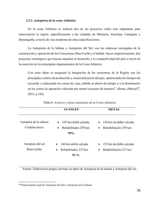 76
2.3.2. Autopistas de la costa Atlántico
En la costa Atlántica se realizan dos de los proyectos viales más importante para
interconectar la región, específicamente a las ciudades de Montería, Sincelejo, Cartagena y
Barranquilla, a través de vías modernas de altas especificaciones.
La Autopistas de la Sabana y Autopistas del Sol, son las empresas encargadas de la
construcción y operación de las Concesiones Ruta Caribe y Córdoba -Sucre respectivamente, dos
proyectos estratégicos que buscan impulsar el desarrollo y la competitividad del país a través de
la conexión de los principales departamentos de la Costa Atlántica.
Con estas obras se asegurará la integración de las economías de la Región con los
principales centros de producción y comercialización del país, optimizando los tiempos de
recorrido y reduciendo los costos de viaje, debido al ahorro de tiempo y a la disminución
en los costos de operación vehicular por menor consumo de insumos”, afirma, (Menzel24
,
2015, p.105)
Tabla 8. Avances y metas autopistas de la Costa Atlántica
AVANCES METAS
Autopista de la sabana
Córdoba-Sucre
 102 km doble calzada
 Rehabilitados 259 km
99%
 120 km de doble calzada
 Rehabilitación 259 km
Autopista del sol
Ruta Caribe
 146 km doble calzada
 Rehabilitados 237 km
91 %
 152 km de doble calzada
 Rehabilitación 237 km
Fuente: Elaboración propia con base en datos de Autopista de la sabana y Autopista del sol
24 Representante legal de Autopistas del Sol y Autopistas de la Sabana
 