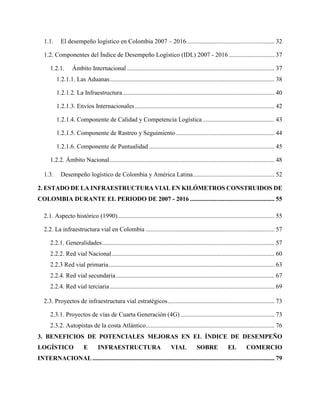 1.1. El desempeño logístico en Colombia 2007 – 2016........................................................ 32
1.2. Componentes del Índice de Desempeño Logístico (IDL) 2007 - 2016 ............................. 37
1.2.1. Ámbito Internacional .............................................................................................. 37
1.2.1.1. Las Aduanas......................................................................................................... 38
1.2.1.2. La Infraestructura................................................................................................. 40
1.2.1.3. Envíos Internacionales......................................................................................... 42
1.2.1.4. Componente de Calidad y Competencia Logística.............................................. 43
1.2.1.5. Componente de Rastreo y Seguimiento............................................................... 44
1.2.1.6. Componente de Puntualidad ................................................................................ 45
1.2.2. Ámbito Nacional......................................................................................................... 48
1.3. Desempeño logístico de Colombia y América Latina.................................................... 52
2. ESTADO DE LA INFRAESTRUCTURA VIAL EN KILÓMETROS CONSTRUIDOS DE
COLOMBIA DURANTE EL PERIODO DE 2007 - 2016 ...................................................... 55
2.1. Aspecto histórico (1990).................................................................................................... 55
2.2. La infraestructura vial en Colombia .................................................................................. 57
2.2.1. Generalidades.............................................................................................................. 57
2.2.2. Red vial Nacional........................................................................................................ 60
2.2.3 Red vial primaria.......................................................................................................... 63
2.2.4. Red vial secundaria..................................................................................................... 67
2.2.4. Red vial terciaria......................................................................................................... 69
2.3. Proyectos de infraestructura vial estratégicos.................................................................... 73
2.3.1. Proyectos de vías de Cuarta Generación (4G) ............................................................ 73
2.3.2. Autopistas de la costa Atlántico.................................................................................. 76
3. BENEFICIOS DE POTENCIALES MEJORAS EN EL ÍNDICE DE DESEMPEÑO
LOGÍSTICO E INFRAESTRUCTURA VIAL SOBRE EL COMERCIO
INTERNACIONAL.................................................................................................................... 79
 