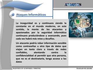 AtaquesAtaques InformáticosA raíz de la introducción de la Informática en los hogares y los avances tecnológicos, ha surgido toda una generación de personales que difunden el miedo en la Red y/o cualquier sistema de computo.Todos ellos son catalogados como “piratas informáticos” o “piratas de la red”, la nueva generación de rebeldes de la tecnología.  Unos aportan sabiduría, enseñanza otros destrucción y delitos informáticos.  Hay que saber bien quien es cada uno de ellos y catalogarlos según sus actos                     maestría en Auditoria  forense                                                                                     trabajo de grado
