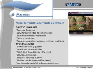 AtaquesAtacantesCiber-terroristas ó terrorista electrónicoEstos grupos preparan sus acciones por medio de mensajes encriptados a través del correo electrónico, impidiendo la penetración de los organismos de seguridad de los Estados.A esto hay que sumar los sitios web donde estos grupos terroristas dan a conocer su historia, postulados, objetivos.Algunos de estos grupos son: KKK en Estados Unidos, ETA en España, grupos neonazis de Bélgica y Holanda y Verdad Suprema en Japón.                     maestría en Auditoria  forense                                                                                     trabajo de grado