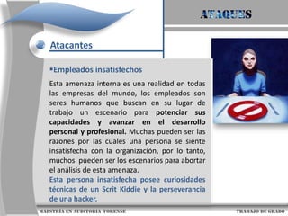 AtaquesAtacantesDesarrolladores de Virus y GusanosEl creador de virus o gusanos es un personaje bastante enigmático para los investigadores forense  en informática, los mueve el reto, su ego, el dinero, la necesidad de revancha, frustraciones.Se trata de expertos informáticos que pretenden  demostrar sus conocimientos construyendo virus y otros programas dañinos, que distribuyen hoy en día a través de Internet para  conseguir una propagación exponencial y alcanzar                      maestría en Auditoria  forense                                                                                     trabajo de grado