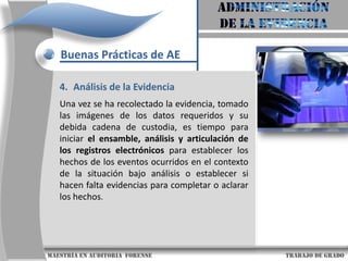 AdministraciónDe la evidenciaBuenas Prácticas de AEEl ciclo de vida para la administración de evidencia digital consta de seis pasos a saber:  Diseño de la evidencia Producción de la evidencia Recolección de la evidencia Análisis de la evidencia Reporte y presentaciónDeterminación de la relevancia de la evidencia                     maestría en Auditoria  forense                                                                                     trabajo de grado