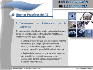 AdministraciónDe la evidenciaBuenas Prácticas de AERecolección de la Evidencia Localizar toda la evidencia digital y asegurar que todos los registros electrónicos originales (aquellos disponibles y asegurados en las máquinas o dispositivos) no han sido alterados. Para ello el estándar establece algunos elementos a considerar como:a. Establecer buenas prácticas y estándares para recolección de evidencia digitalb. Preparar las evidencias para ser utilizadas en la actualidad y en tiempo futuroc. Mantener y verificar la cadena de custodiad. Respetar y validar las regulaciones y normativas alrededor de la recolección de la evidencia digitale. Desarrollar criterios para establecer la relevancia o no de la evidencia recolectada.                     maestría en Auditoria  forense                                                                                     trabajo de grado