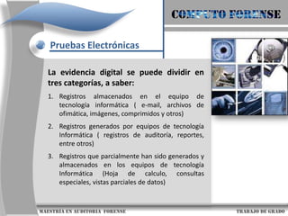 COMPUTO FORENSEPruebas ElectrónicasLa evidencia digital se puede dividir en tres categorías, a saber:Registros almacenados en el equipo de tecnología informática ( e-mail, archivos de ofimática, imágenes, comprimidos y otros)Registros generados por equipos de tecnología Informática ( registros de auditoría, reportes, entre otros)Registros que parcialmente han sido generados y almacenados en los equipos de tecnología Informática (Hoja de calculo, consultas especiales, vistas parciales de datos)                     maestría en Auditoria  forense                                                                                     trabajo de grado