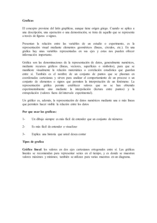Graficas 
El concepto proviene del latín graphĭcus, aunque tiene origen griego. Cuando se aplica a 
una descripción, una operación o una demostración, se trata de aquello que se representa 
a través de figuras o signos. 
Presentan la relación entre las variables de un estudio o experimento, es la 
representación visual mediante elementos geométricos (líneas, círculos, etc.). En una 
grafica hay unas variables representadas en sus ejes y estas nos pueden ofrecer 
información importante. 
Gráfica son las denominaciones de la representación de datos, generalmente numéricos, 
mediante recursos gráficos (líneas, vectores, superficies o símbolos), para que se 
manifieste visualmente la relación matemática o correlación estadística que guardan 
entre sí. También es el nombre de un conjunto de puntos que se plasman en 
coordenadas cartesianas y sirven para analizar el comportamiento de un proceso o un 
conjunto de elementos o signos que permiten la interpretación de un fenómeno. La 
representación gráfica permite establecer valores que no se han obtenido 
experimentalmente sino mediante la interpolación (lectura entre puntos) y la 
extrapolación (valores fuera del intervalo experimental). 
Un gráfico es, además, la representación de datos numéricos mediante una o más líneas 
que permiten hacer visible la relación entre los datos 
Por que usar las graficas: 
1- Un dibujo siempre es más fácil de entender que un conjunto de números 
2- Es más fácil de entender o visualizar 
3- Explica una historia que usted desea contar 
Tipos de grafica 
Gráfico lineal: los valores en dos ejes cartesianos ortogonales entre sí. Las gráficas 
lineales se recomiendan para representar series en el tiempo, y es donde se muestran 
valores máximos y mínimos; también se utilizan para varias muestras en un diagrama. 
 