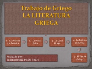 Trabajo de GriegoLA LITERATURAGRIEGA 4.- La historia en Grecia Realizado por:  Julián Ramírez Picazo 1ºBCH 5.- El Teatro Griego 