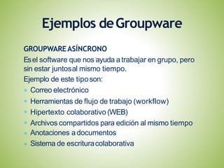 GROUPWAREASÍNCRONO
Esel software que nos ayuda atrabajar en grupo, pero
sin estar juntosal mismo tiempo.
Ejemplo de este tiposon:
Correo electrónico
Herramientas de flujo de trabajo (workflow)
Hipertexto colaborativo (WEB)
Archivos compartidos para edición al mismo tiempo
Anotaciones adocumentos
Sistema de escrituracolaborativa
Ejemplos deGroupware
 
