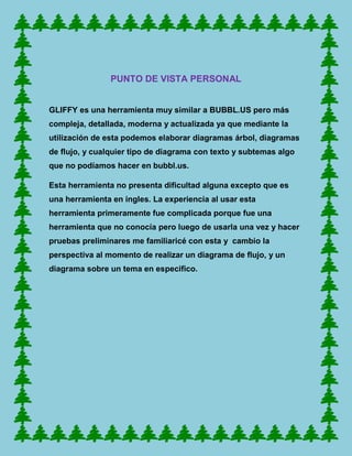 PUNTO DE VISTA PERSONAL


GLIFFY es una herramienta muy similar a BUBBL.US pero más
compleja, detallada, moderna y actualizada ya que mediante la
utilización de esta podemos elaborar diagramas árbol, diagramas
de flujo, y cualquier tipo de diagrama con texto y subtemas algo
que no podíamos hacer en bubbl.us.

Esta herramienta no presenta dificultad alguna excepto que es
una herramienta en ingles. La experiencia al usar esta
herramienta primeramente fue complicada porque fue una
herramienta que no conocía pero luego de usarla una vez y hacer
pruebas preliminares me familiaricé con esta y cambio la
perspectiva al momento de realizar un diagrama de flujo, y un
diagrama sobre un tema en especifico.
 