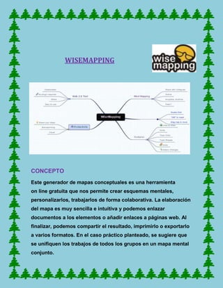 WISEMAPPING




CONCEPTO
Este generador de mapas conceptuales es una herramienta
on line gratuita que nos permite crear esquemas mentales,
personalizarlos, trabajarlos de forma colaborativa. La elaboración
del mapa es muy sencilla e intuitiva y podemos enlazar
documentos a los elementos o añadir enlaces a páginas web. Al
finalizar, podemos compartir el resultado, imprimirlo o exportarlo
a varios formatos. En el caso práctico planteado, se sugiere que
se unifiquen los trabajos de todos los grupos en un mapa mental
conjunto.
 
