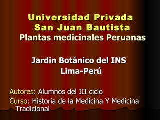 Universidad Privada  San Juan Bautista Plantas medicinales Peruanas ,[object Object],[object Object],[object Object],[object Object]