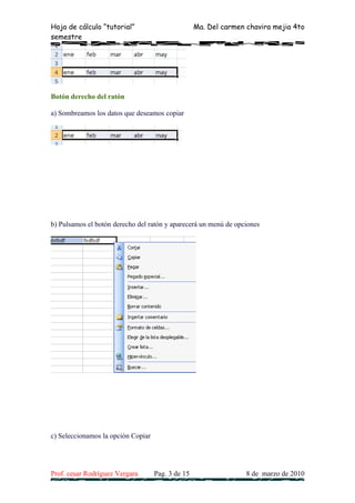 Hoja de cálculo “tutorial”                         Ma. Del carmen chavira mejia 4to
semestre




Botón derecho del ratón

a) Sombreamos los datos que deseamos copiar




b) Pulsamos el botón derecho del ratón y aparecerá un menú de opciones




c) Seleccionamos la opción Copiar




Prof. cesar Rodríguez Vergara       Pag. 3 de 15                  8 de marzo de 2010
 
