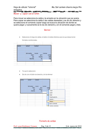 Hoja de cálculo “tutorial”                               Ma. Del carmen chavira mejia 4to
semestre

Mover y copiar con el ratón

Para mover se selecciona la celda y la arrastra en la ubicación que se quiera.
Para copiar se selecciona la celda o las celdas deseadas y se da clic derecho y
se selecciona el comando copiar luego se busca la ubicación de donde se
quiere pegar y nuevamente se le da clic derecho y en el comando pegar y listo.

                                              Borrar:


       •   Seleccione el rango de celdas, la tabla o la tabla dinámica para la que desea borrar

           formatos condicionales.




       •   Ya que lo selecciono

       •   Da clic con el botón de derecho y le da eliminar




                                      Formato de celdas

Prof. cesar Rodríguez Vergara            Pag. 5 de 15                           8 de marzo de 2010
 