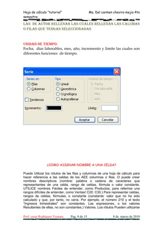 Hoja de cálculo “tutorial”                     Ma. Del carmen chavira mejia 4to
semestre

LAS DE AuTOR RELLEnAR LAS CuALES RELLEnAn LAS CALuMAS
O FILAS quE TEnGAS SELECCIOnADAS


unIDAD DE TIEMPO:
Fecha, días laborables, mes, año, incremento y limite las cuales son
diferentes funciones de tiempo.




                 ¿COMO ASIGNAR NOMBRE A UNA CELDA?

Puede Utilizar los rótulos de las filas y columnas de una hoja de cálculo para
hacer referencia a las celdas de los AEE columnas o filas. O puede crear
nombres descriptivos (nombre: palabra o cadena de caracteres que
representantes de una celda, rango de celdas, fórmula o valor constante.
UTILICE nombres Fáciles de entender, como Productos, para referirse una
rangos difíciles de entender, como Ventas! C20: C30.) Para representar celdas,
rangos de celdas, fórmulas, o constante (constante: valor que no ha sido
calculado y que, por tanto, no varía. Por ejemplo, el número 210 y el texto
"Ingresos trimestrales" son constantes. Las expresiones, o los valores
Resultantes de ellas, no son constantes.) Valores. Los rótulos Pueden utilizarse

Prof. cesar Rodríguez Vergara   Pag. 8 de 15                  8 de marzo de 2010
 