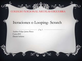 COLEGIO NACIONAL NICOLAS ESGUERRA
Iteraciones o Looping- Scratch
Andres Felipe Jaime Perez
Curso:802
Daniel Infante
 