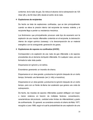 23
contornos de la nube de gas. Se indica el alcance de la sobrepresión de 125
mbar (ZI) y de 50 mbar (ZA) desde el centro de la nube.
 Explosiones de recipientes
De hecho se trata de explosiones confinadas, que se dan principalmente
cuando se eleva la presión interior del recipiente de manera violenta y el
recipiente llega a perder su resistencia mecánica.
Los fenómenos que principalmente provocan este tipo de escenario son la
explosión de una mezcla inflamable contenida en el recipiente, la detonación
interna de origen químico (runaway) o la descomposición de un material
energético con la consiguiente generación de gases.
 Explosiones de vapores no confinados (UVCE)
Corresponden a la explosión de una nube de gas inflamable o de vapores
procedentes de un derrame de líquido inflamable. En cualquier caso, una vez
formada la nube ésta puede:
Dispersarse sin ignición y sin daños.
Encenderse generando un incendio de charco.
Dispersarse en un área grande y producirse la ignición después de un cierto
tiempo, formando una llamarada (ver [+ info] a incendios).
Dispersarse en un área grande y producirse la ignición después de un cierto
tiempo, pero con un frente de llama tan acelerado que genera una onda de
sobrepresión.
De hecho, las mezclas de vapores inflamables pueden deflagrar con mayor
o menor violencia en función de múltiples factores: concentración,
características del producto, cantidad entre límites de inflamabilidad y grado
de confinamiento. En general, se considera correcto el criterio de Kletz 1977,
recogido a Lees 1986, según el cual la probabilidad de una explosión de una
 