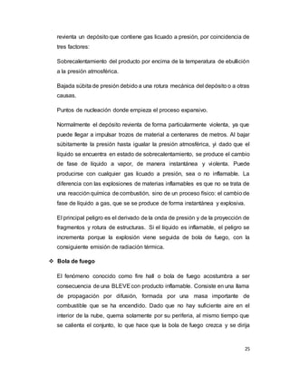 25
revienta un depósito que contiene gas licuado a presión, por coincidencia de
tres factores:
Sobrecalentamiento del producto por encima de la temperatura de ebullición
a la presión atmosférica.
Bajada súbita de presión debido a una rotura mecánica del depósito o a otras
causas.
Puntos de nucleación donde empieza el proceso expansivo.
Normalmente el depósito revienta de forma particularmente violenta, ya que
puede llegar a impulsar trozos de material a centenares de metros. Al bajar
súbitamente la presión hasta igualar la presión atmosférica, yi dado que el
líquido se encuentra en estado de sobrecalentamiento, se produce el cambio
de fase de líquido a vapor, de manera instantánea y violenta. Puede
producirse con cualquier gas licuado a presión, sea o no inflamable. La
diferencia con las explosiones de materias inflamables es que no se trata de
una reacción química de combustión, sino de un proceso físico: el cambio de
fase de líquido a gas, que se se produce de forma instantánea y explosiva.
El principal peligro es el derivado de la onda de presión y de la proyección de
fragmentos y rotura de estructuras. Si el líquido es inflamable, el peligro se
incrementa porque la explosión viene seguida de bola de fuego, con la
consiguiente emisión de radiación térmica.
 Bola de fuego
El fenómeno conocido como fire hall o bola de fuego acostumbra a ser
consecuencia de una BLEVEcon producto inflamable. Consiste en una llama
de propagación por difusión, formada por una masa importante de
combustible que se ha encendido. Dado que no hay suficiente aire en el
interior de la nube, quema solamente por su periferia, al mismo tiempo que
se calienta el conjunto, lo que hace que la bola de fuego crezca y se dirija
 