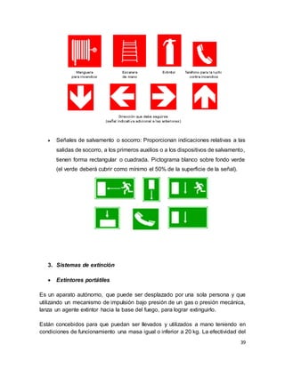39
 Señales de salvamento o socorro: Proporcionan indicaciones relativas a las
salidas de socorro, a los primeros auxilios o a los dispositivos de salvamento,
tienen forma rectangular o cuadrada. Pictograma blanco sobre fondo verde
(el verde deberá cubrir como mínimo el 50% de la superficie de la señal).
3. Sistemas de extinción
 Extintores portátiles
Es un aparato autónomo, que puede ser desplazado por una sola persona y que
utilizando un mecanismo de impulsión bajo presión de un gas o presión mecánica,
lanza un agente extintor hacia la base del fuego, para lograr extinguirlo.
Están concebidos para que puedan ser llevados y utilizados a mano teniendo en
condiciones de funcionamiento una masa igual o inferior a 20 kg. La efectividad del
 