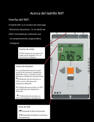 Acerca del ladrillo NXT
Interfaz del NXT:
El ladrillo NXT es el cerebro del robot lego
¨Ministroms Educations¨. Es un ladrillo de
LEGO controlado por ordenador que
Un comportamiento programable y
Inteligente
Puertos de salida
El NXT dispone de tres puertos de
salida con las etiquetas A, B y C
para motores o lámparas.
Iconos de bluetooh:
El icono Bluetooth muestra el estado
actual de las conexiones inalámbricas
Bluetooth. Si no se visualiza el icono
Bluetooth, el Bluetooth está desactivado
El Bluetooth está activado pero su
NXT no está visible para otros
dispositivos Bluetooth.
El Bluetooth está activado y su NXT
está visible para otros dispositivos
Bluetooth
El Bluetooth está activado y su
NXT está conectado a un dispositivo
Icono de USB
Conectado al USB y funcione bien
Conectando al USB pero no funciona
adecuadamente
 