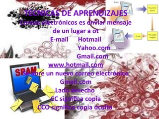 TÈCNICAS DE APRENDIZAJES
Coreos electrónicos es enviar mensaje
de un lugar a ot
E-mail Hotmail
Yahoo.com
Gmail.com
www.hotmail.com
Se abre un nuevo correo electrónico
Gmail.com
Lado derecho
CC significa copia
CCO significa copia oculta
 